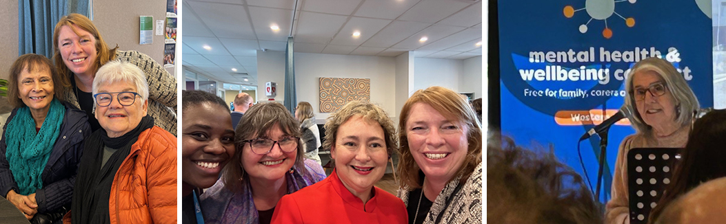 Judith Abbott CEO and two members of the Watton Carer Support Group.  Carers Victoria staff with Jacqueline Gibson, Commissioner of the Mental Health and Wellbeing Commission. CEO Jesuit Social Services, Julie Edwards.